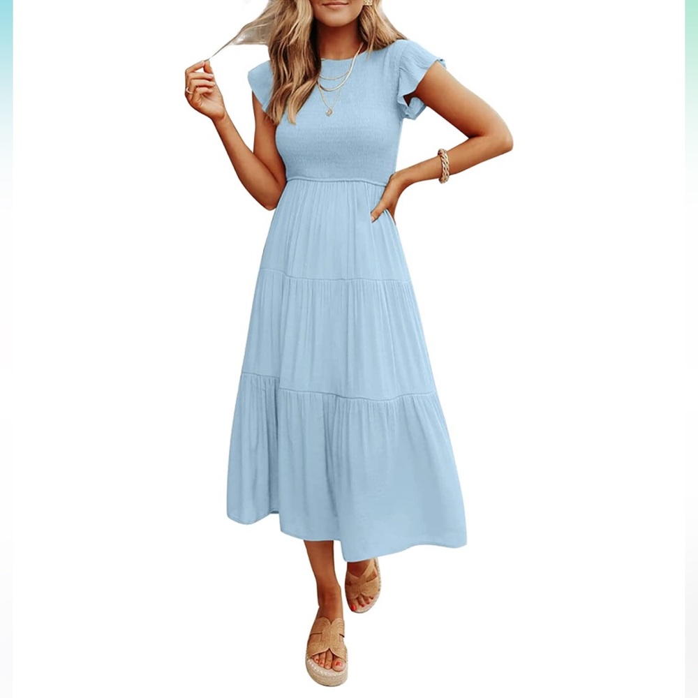 Short Sleeve Crew Neck Smocked Tiered Midi Dress